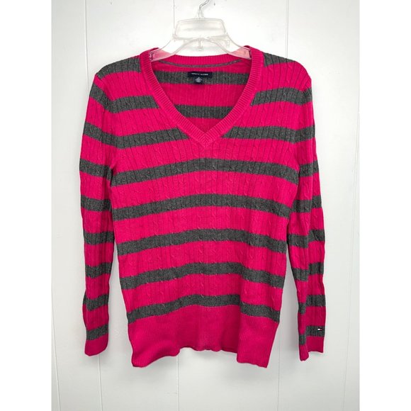 Tommy Hilfiger Women's Cable Knit Sweater Long Sleeve Magenta/Grey Strped Size M - Picture 1 of 6